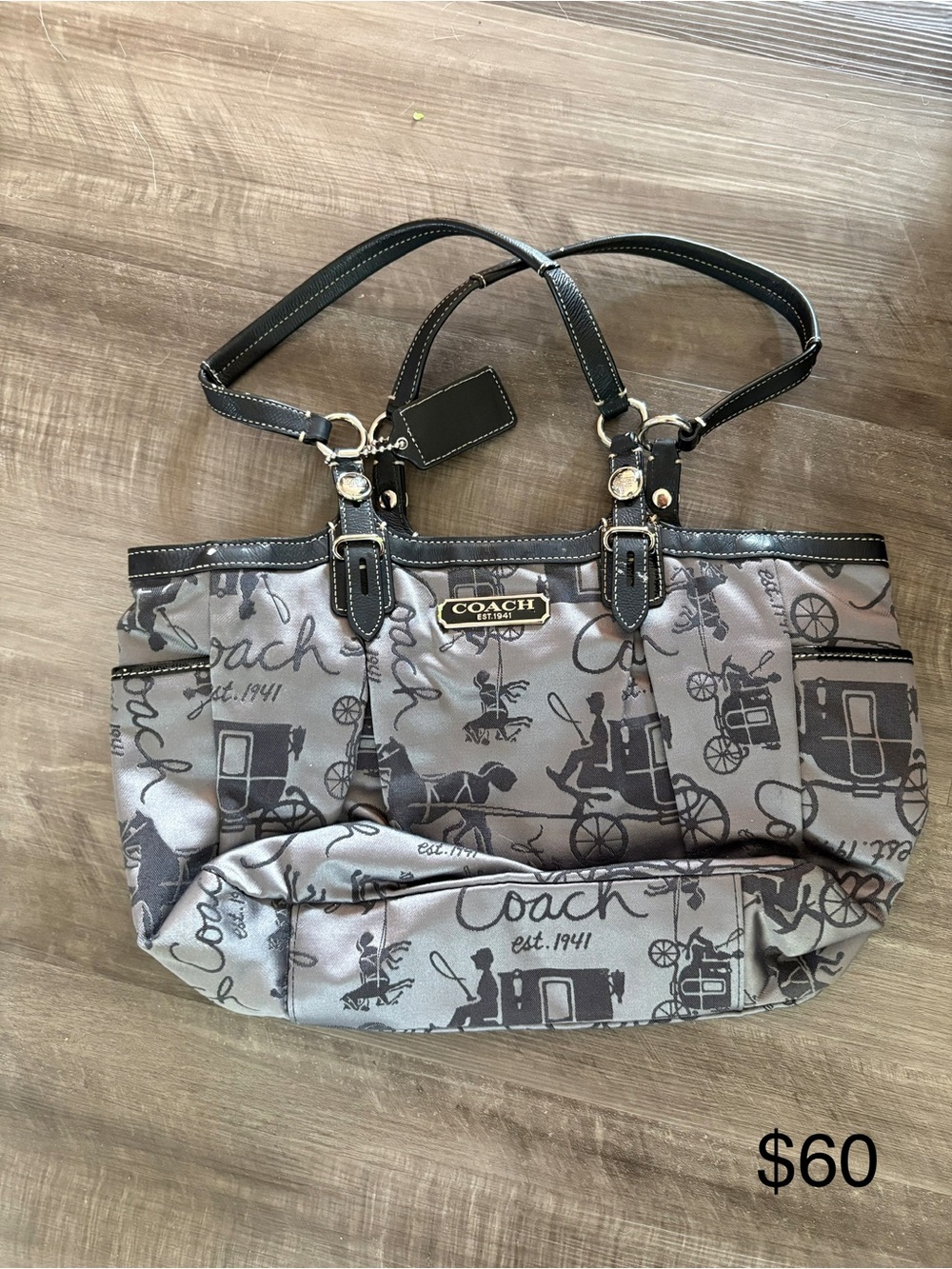 Coach Gray and Black Signature Print Tote